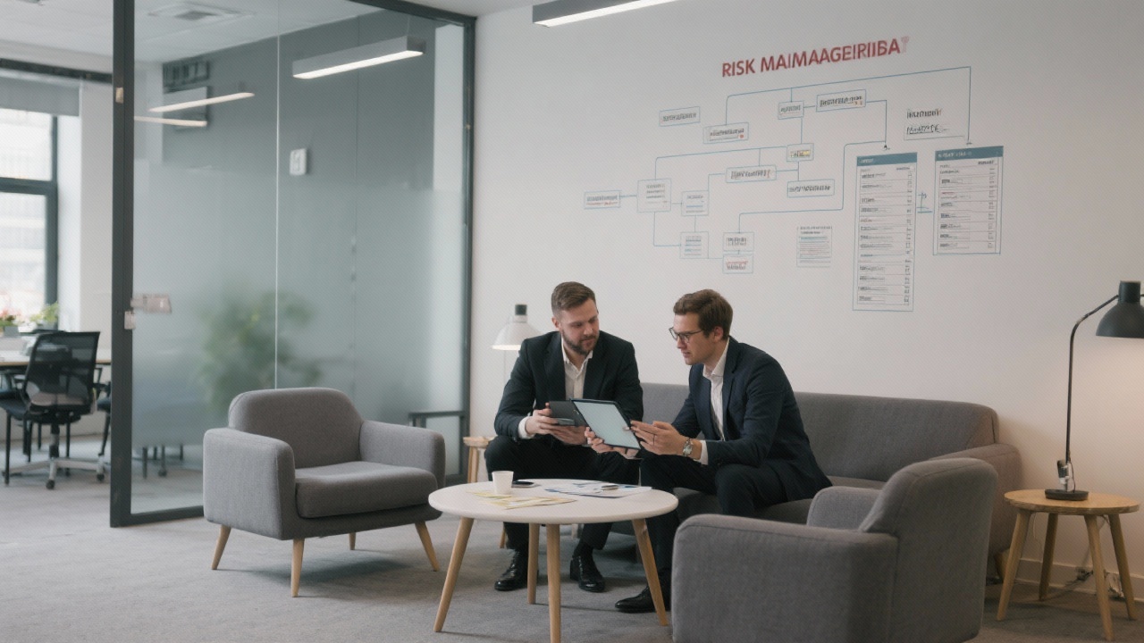 Risk management consultants collaborating over digital process maps and compliance checklists inside Budapest office lounge area decorated with minimalistic furniture.