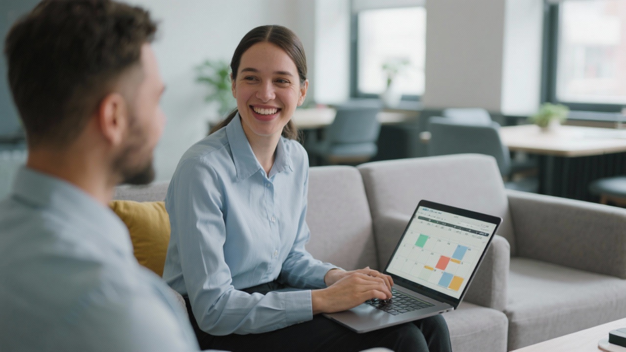 Operations leadership team reviewing quarterly manufacturing variance analysis charts projected onto large screen inside industrial loft meeting room during evening workshop.