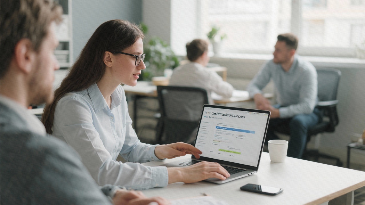 Customer success representative discussing support request details with Hungarian SME client over laptop at collaborative workplace with natural lighting.