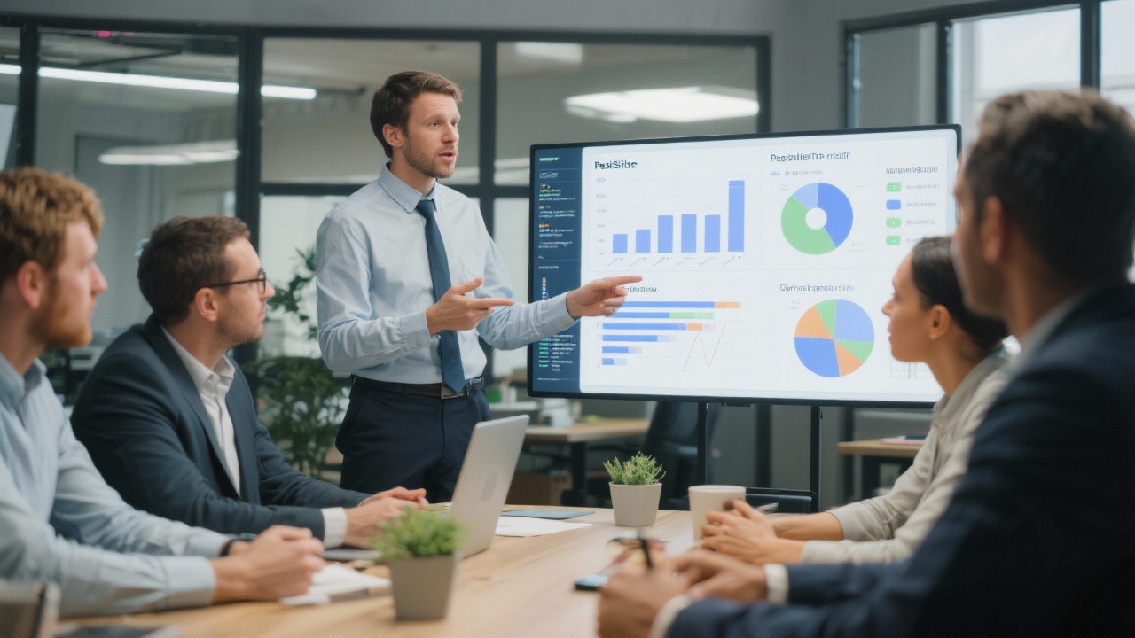 Data analyst presenting integrated business intelligence charts to SME owners around conference table while discussing operational mitigation priorities inside newly renovated Pest-side workspace.