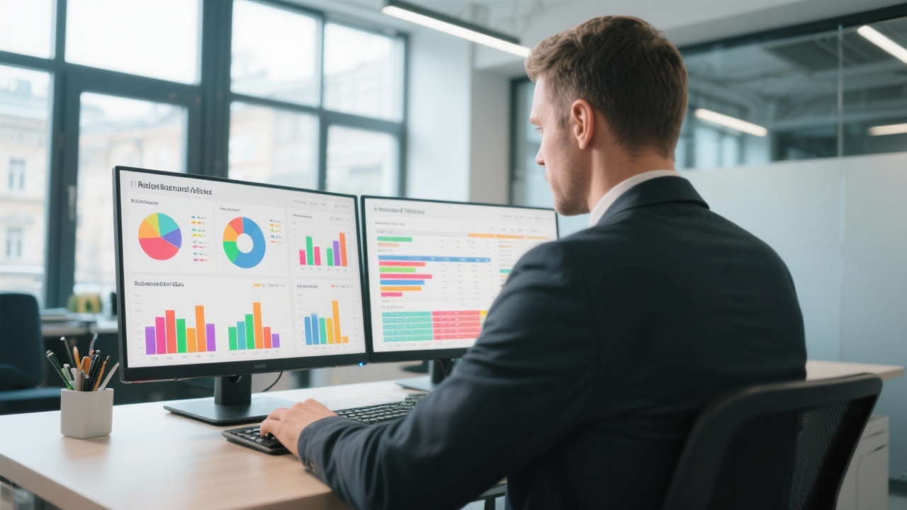 Business analyst reviewing predictive risk dashboard with multicolored charts and tables on dual monitors inside contemporary Budapest office with natural daylight streaming through large windows.