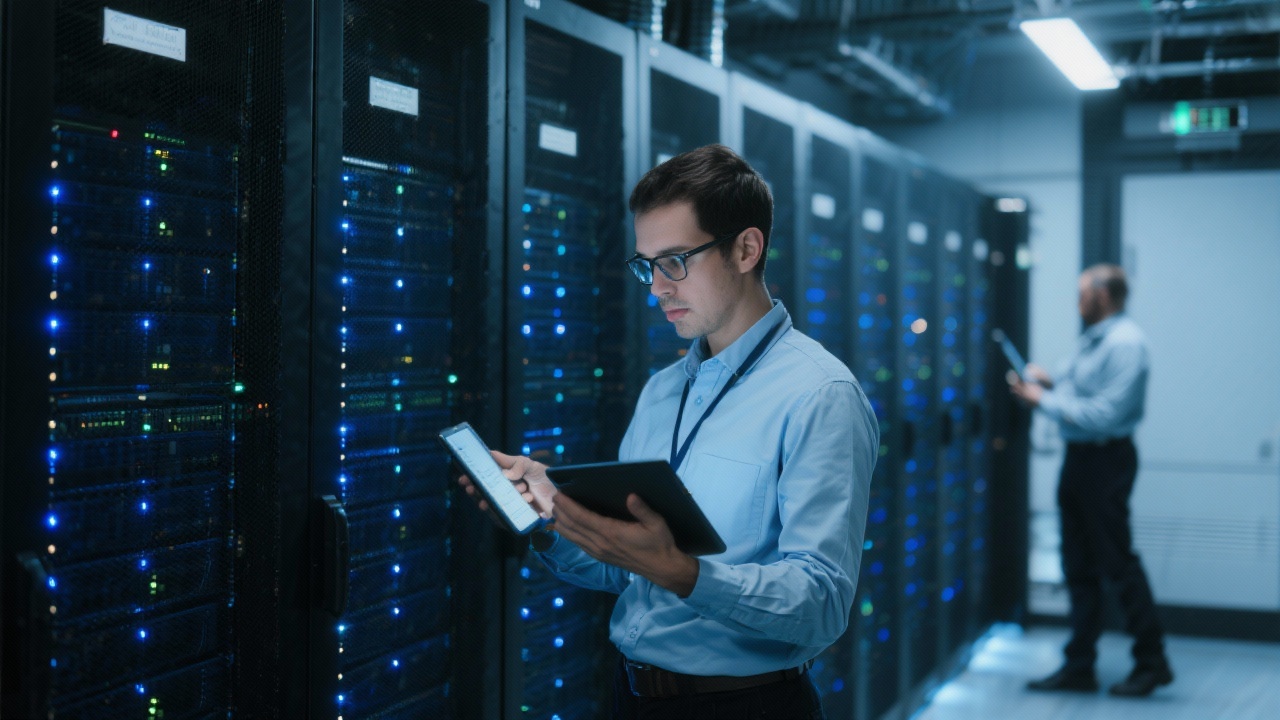 Secure server racks connected to hybrid cloud analytics platform with monitoring lights glowing blue and technicians validating governance policies via tablets in secure facility.