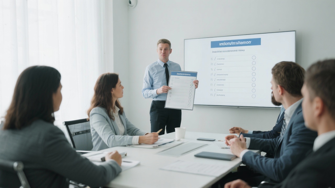 Implementation specialists mapping three-step risk governance framework on glass board while discussing milestones with SME stakeholders during workshop session.