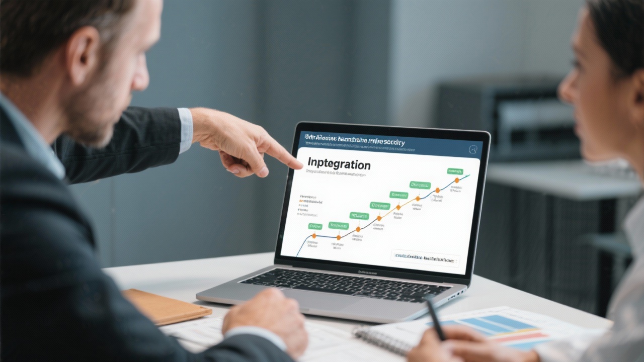 Implementation roadmap displayed on laptop with milestones while consultant points to integration phase during planning session with SME operations manager.