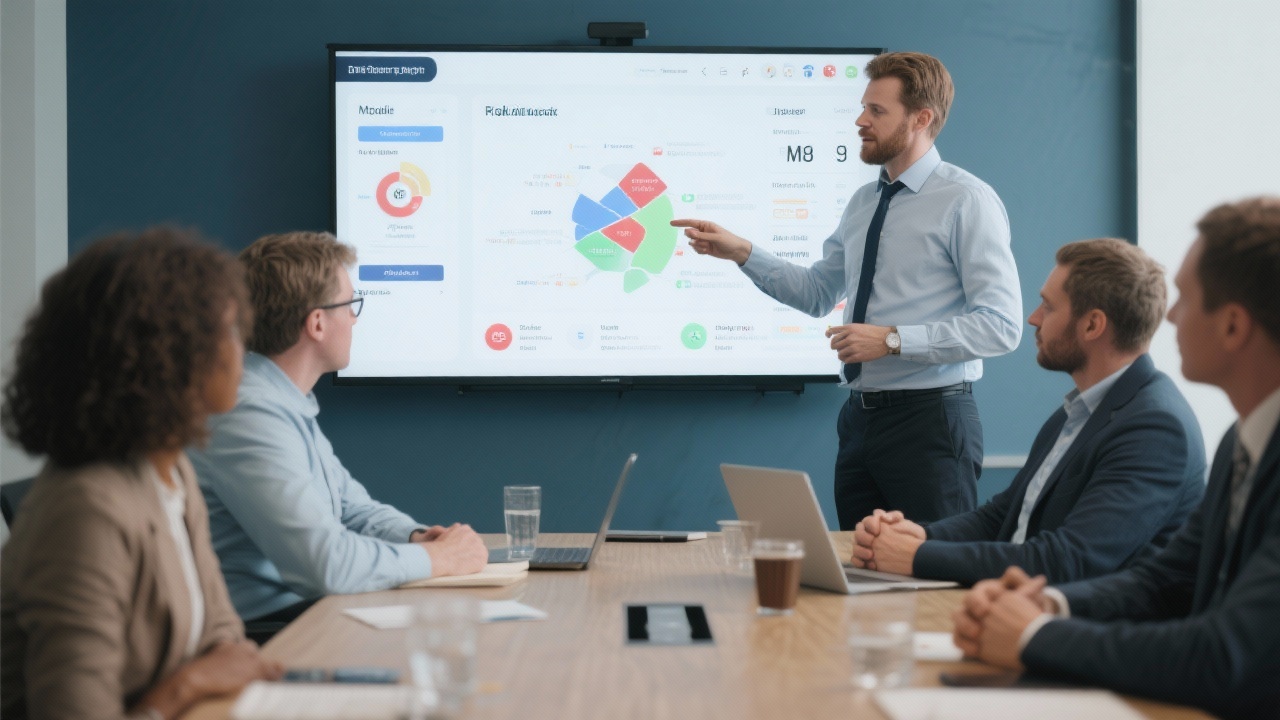 Project manager demonstrating modular risk monitoring features on large touchscreen display to small business stakeholders in conference area.