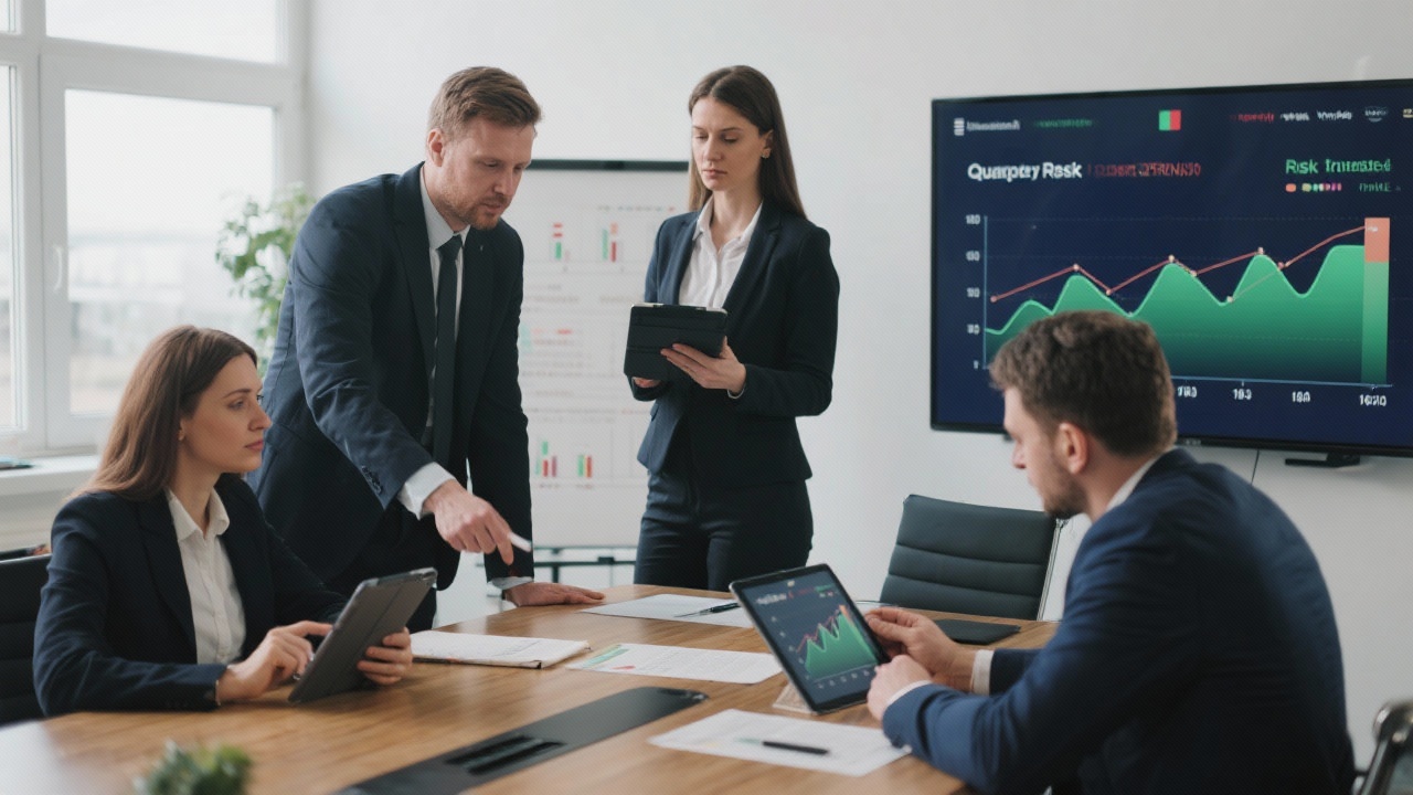 Hungarian SME leadership comparing quarterly risk trend analytics on tablet devices while preparing board presentation in collaborative meeting area.